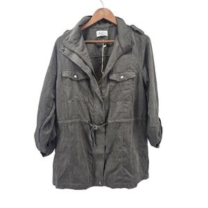 Korye Utility Jacket Olive Green Drawstring Waist Button Snap Long Sleeve Large